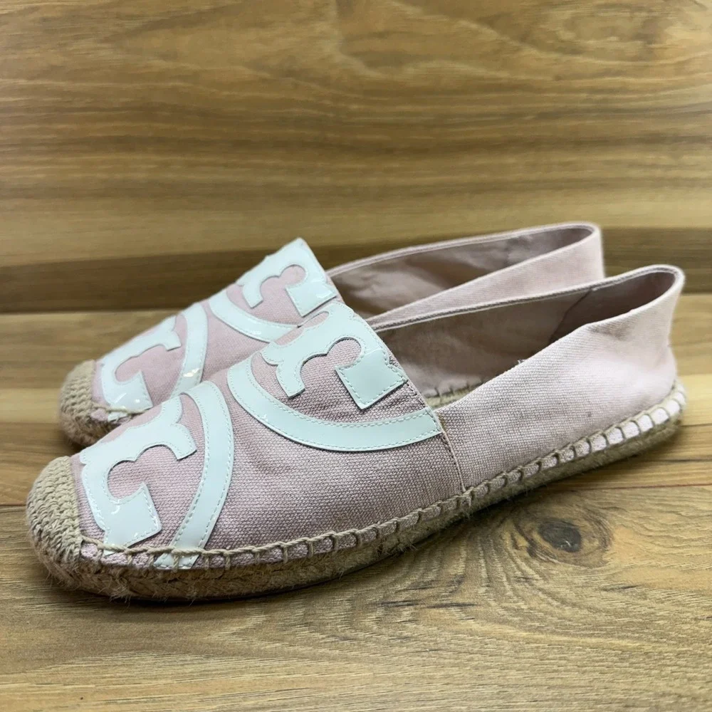 Tory Burch Espadrilles Pink White Flat 9 M Slip On Loafer Vacation Resort Summer